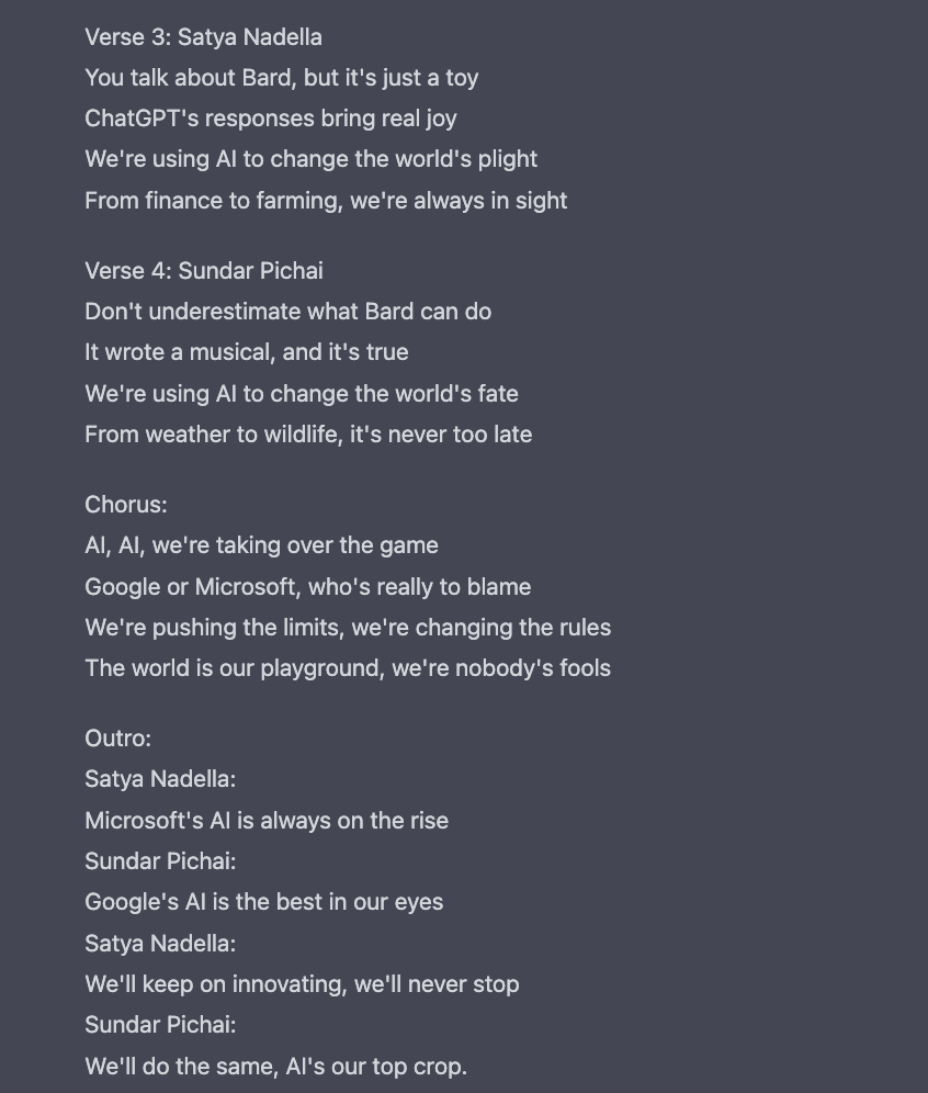 dnsh_s's tweet photo. I asked #ChatGPT  to write a rap battle between Sundar Pichai and Satya Nadella about AI https://t.co/VXudngsY3n