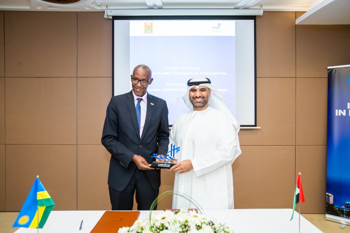 PSF_Rwanda's tweet photo. #UAE: DAY-3. The delegation is in the Emirate of RAS Al Khaimah,UAE. After more trade and investment engagements, our CEO @GoodRuzibiza signed another MOU with H.E Muhammad Hassan Al-Sabab, Ag. Director General of Ras Al Khaimah Chamber of Commerce and Industry. #PSFInUAE https://t.co/DoEc4WDIw7