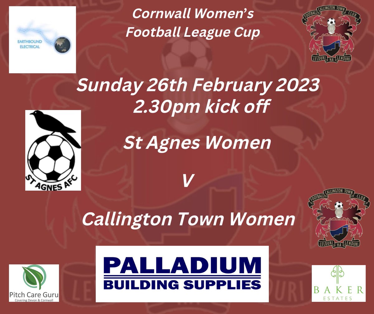 Sundays sees our <a href="/CallyTownFC/">Callington Town FC</a> Women in action as they travel to <a href="/stagnesladiesfc/">St Agnes AFC Ladies</a> in the <a href="/TheCWFL/">CWFL</a> with a 2.30pm kick off <a href="/swsportsnews/">South West Sports News</a> <a href="/PLsportsnews/">PlymouthSportsNews</a> @PalladiumK <a href="/sportscornwall/">Cornwall Sports Media</a> <a href="/therealginsters/">Ginsters</a> <a href="/KJMsport57/">Kevin Marriott</a> <a href="/NigelWalrond/">Nigel Walrond</a>