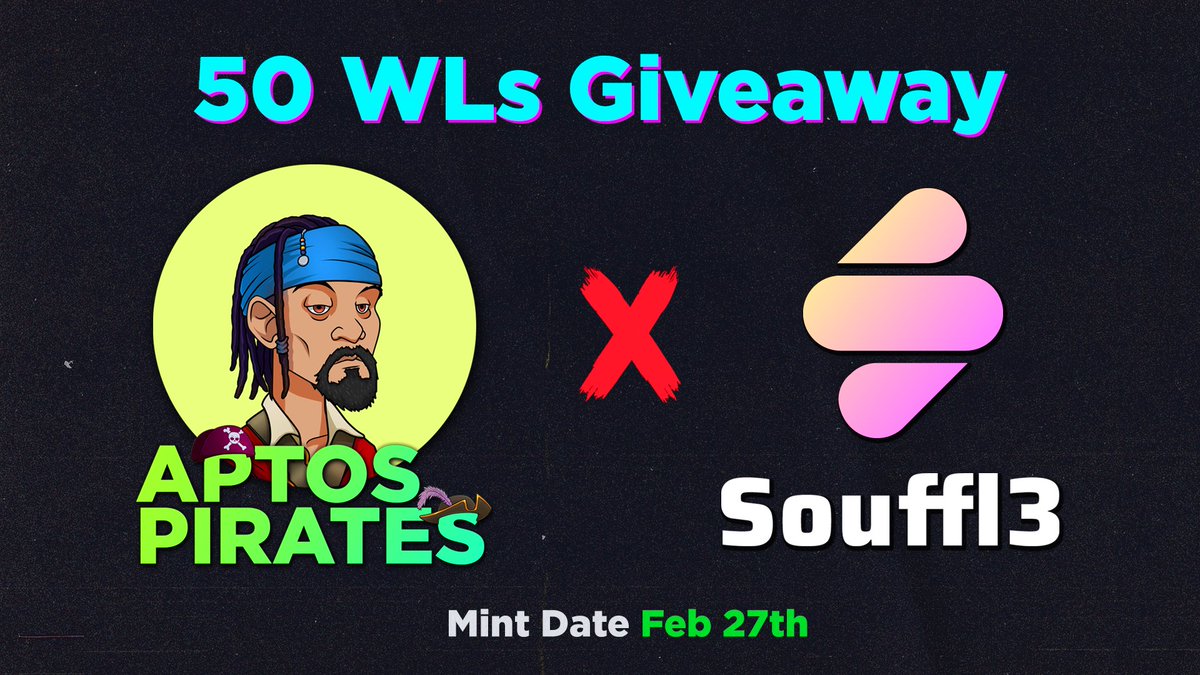 🔥 Big Aptos Pirates WL Giveaway!

🎁 50 WL spots

1️⃣ Follow <a href="/nft_souffl3/">Souffl3 🫐</a> &amp; <a href="/Aptos_Pirates/">Aptos Pirate</a> 
2️⃣ RT &amp; 💙 
3️⃣ Join Discord for both:
discord.gg/yWmhjvUgw4
discord.gg/souffl3 
4️⃣ Drop your Aptos Wallet Address

⏳24h
#Souffl3 #NFTs #Aptos #AptosNFT #AptosPirates