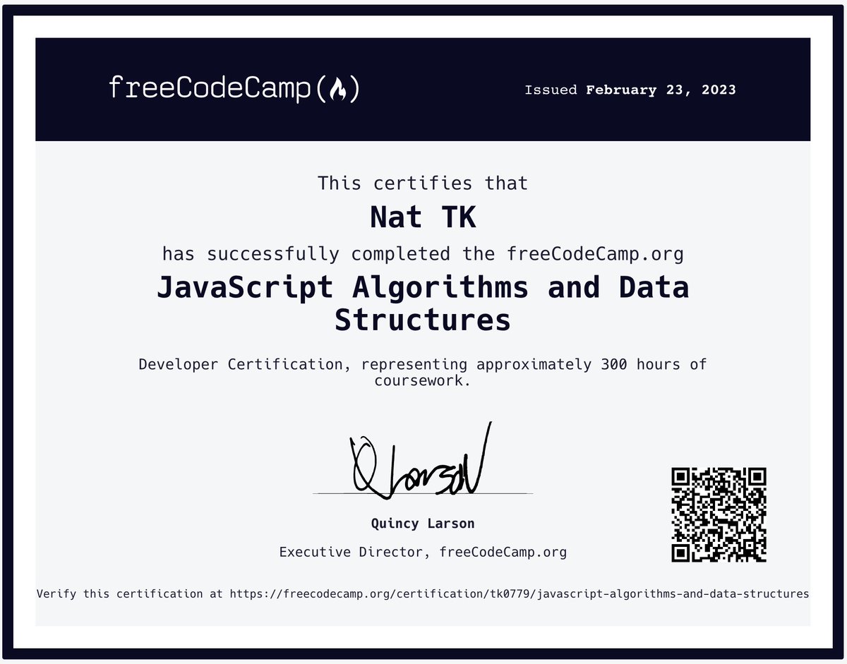 TK0779's tweet photo. Day 99 of #100daysofcode #100daysofcodechallenge 
I just earned the JavaScript Algorithms and Data Structures certification @freeCodeCamp! Check it out here: https://t.co/Bjcl8mevqt https://t.co/NFfrYmvLdi
