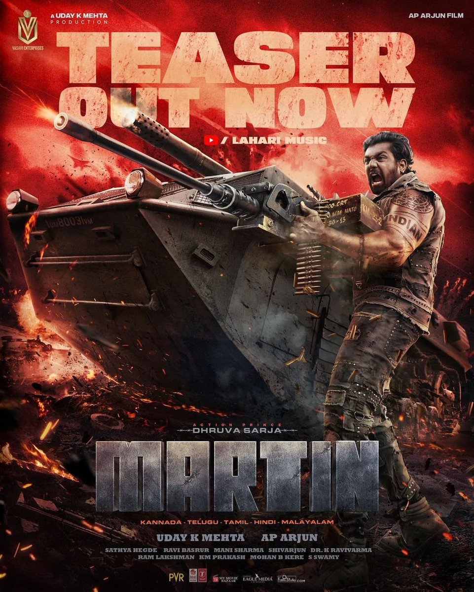 #PanIndia Film #Martin Teaser Out Now.
Starring: #DhruvaSarja, #VaibhaviShandilya, #AnveshiJain, #RohitPathak, #NawabShah, #NikitinDheer & More.

Directed By #APArjun.

Music By #ManiSharma.
Background Music & Sound Design By #RaviBasrur.

#PrimeVerse