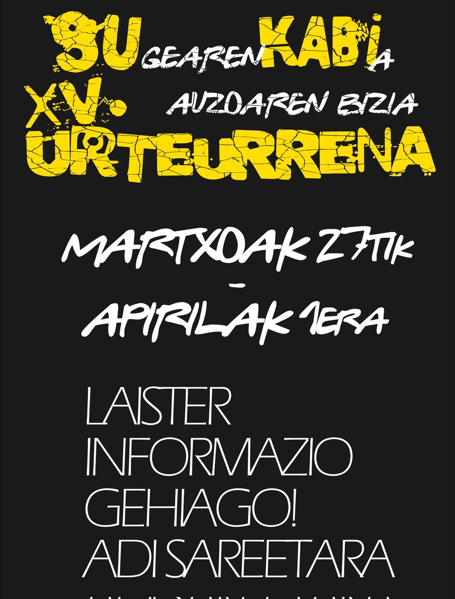 otxargazte's tweet photo. 1️⃣5️⃣Sukabik XV urte beteko ditu aurten eta MARTXOAREN 27tik APIRILAREN 1era ospatuko dugu!
📆Gorde ezazue data! https://t.co/kXo4adjzyb
