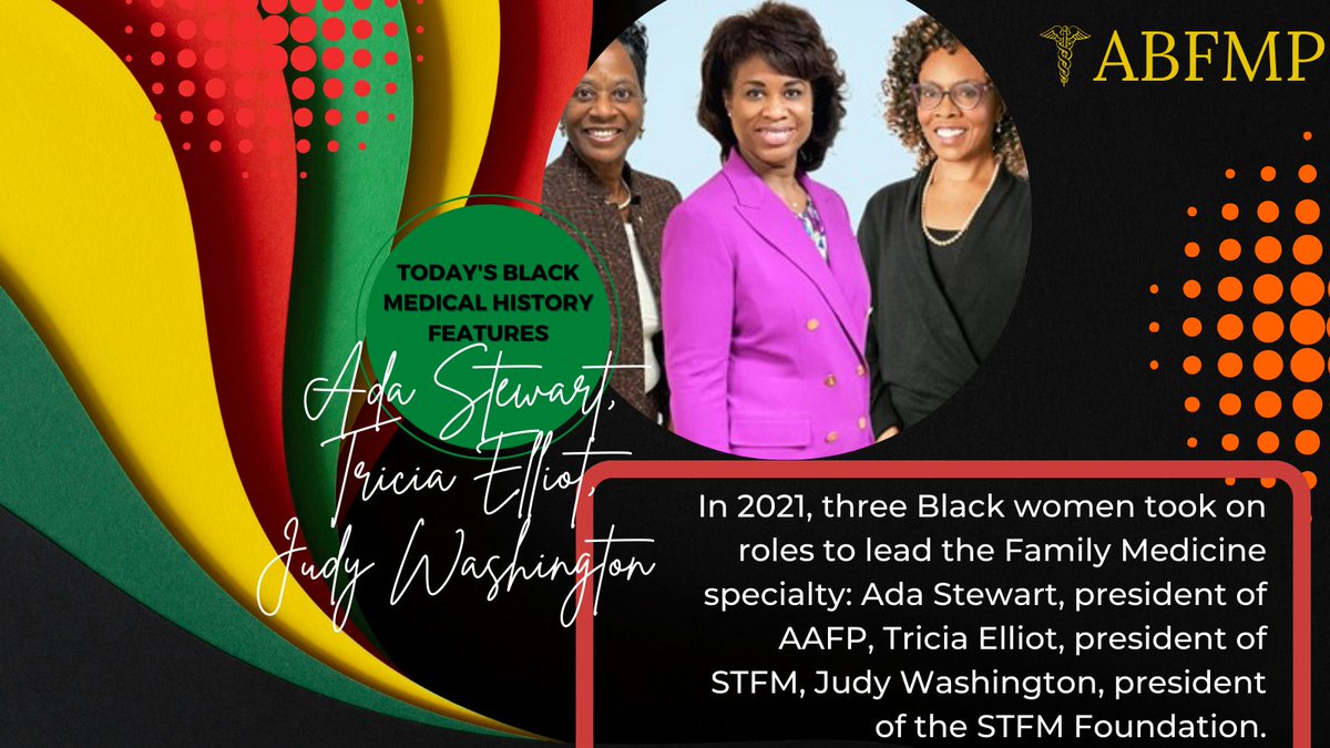 We are so honored/excited to mention these 3 powerhouse Black women in #FamilyMedicine <a href="/AdaStewartMD1/">Ada Stewart, MD</a>, <a href="/TrishEmd/">Tricia Elliott</a> @drjcwash! Their leadership example is exemplary &amp; a gift. Thank you for paving the way w/ your contributions to the #FMrevolution! <a href="/aafp/">AAFP</a> @AAFP_FMIG <a href="/STFM_FM/">STFM</a>