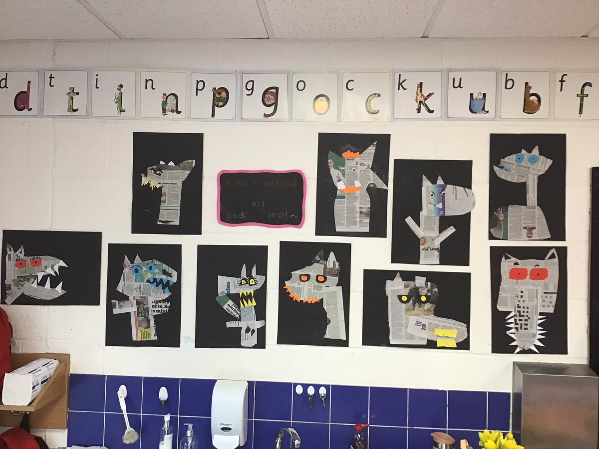 BGS_LowerSch's tweet photo. Who’s afraid of the big bad wolf? Reception have been very creative and busy making their own wolves using newspapers and collage. #bgs_reception #creativity https://t.co/acSilyTrtL