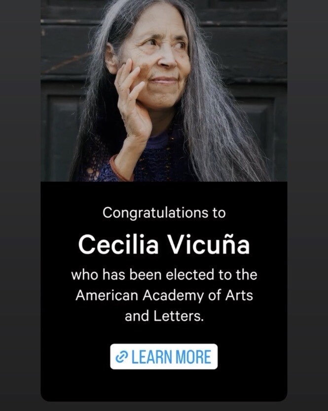 Very grateful to the American Academy of Arts &amp; Letters that has inducted me to its ranks as Foreign Honorary Member! I accept with joy this honor, where #nicanorparra preceded me long ago! Gracias!!! #ceciliavicuña #ceciliavicuna #poetry #poesia #poesia… instagr.am/p/CpAaheVuIjT/