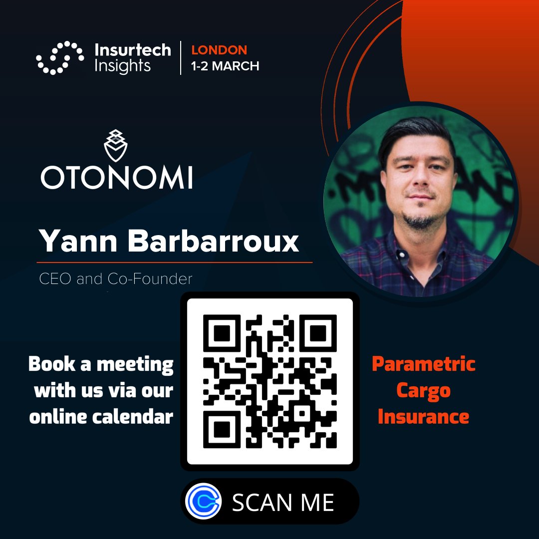 OtonomiPlatform's tweet image. Meet our CEO Yann Barbarroux at #Insurtech Insights in #London next week. #InsurtechWeek
#Parametric #Brokers 
Scan the Qr code to organize a meeting.