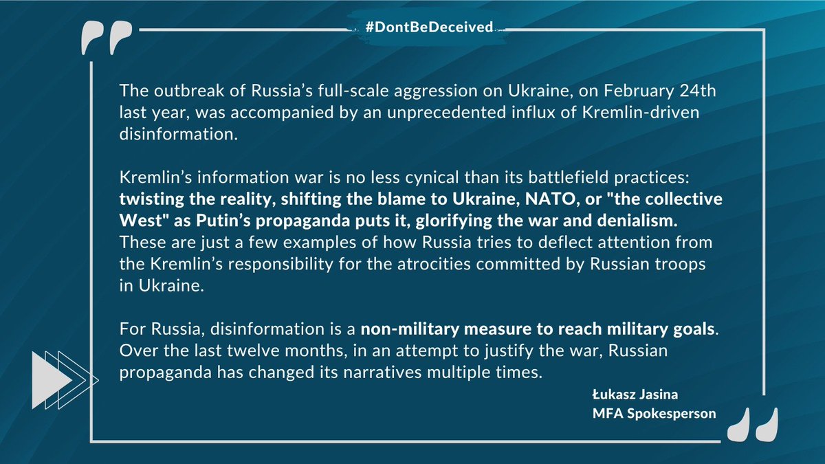 💬 On Russian disinformation: one year on – a commentary from <a href="/RzecznikMSZ/">Rzecznik MSZ - Maciej Wewiór</a> ⤵️

#DontBeDeceived