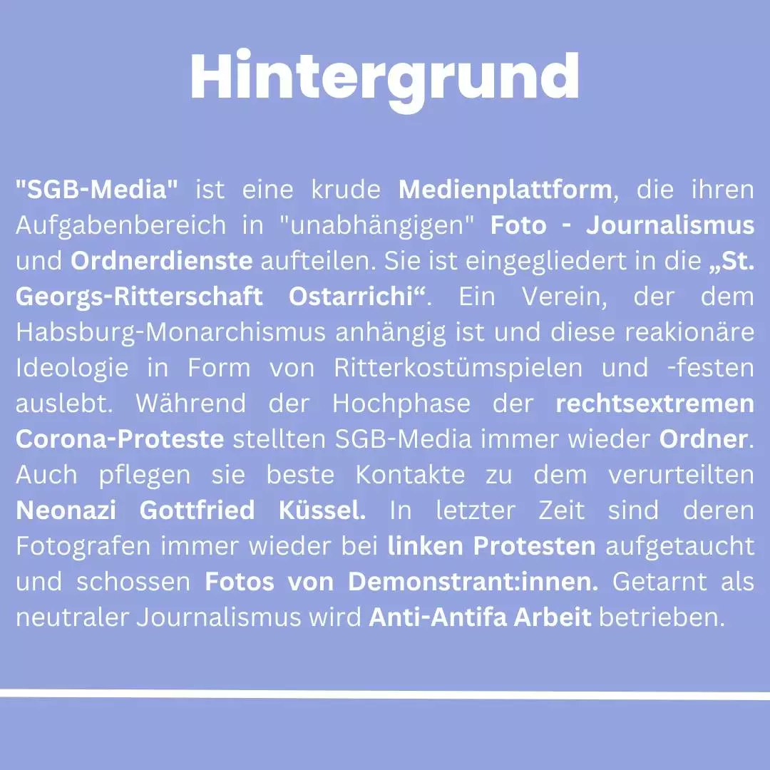 gfoa_w's tweet photo. SGB-Media, unter deren Chef Erich Weber stellten in der jüngeren Vergangenheit Ordner auf Corona Demos und Fotografen. Auch bei den Demos der Corona-Querfront, vom verurteilten Neonazi Gottfried Küssel, stellten sie Ordner. https://t.co/ZlHn9GE8l2