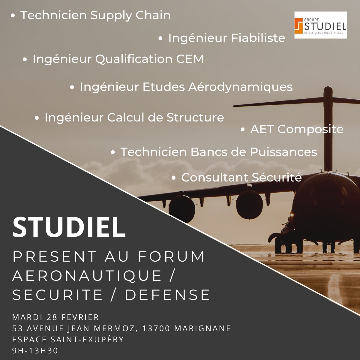 Studiel vous attend au salon de l’Aéronautique, de la Défense et de la Sécurité mardi prochain !✈
Jocelyne MARTINEZ et Fanny Castelbou vous présenteront nos postes sur le périmètre d’Aix en Provence.

#forum #emploi #aeronautique #defense #securite