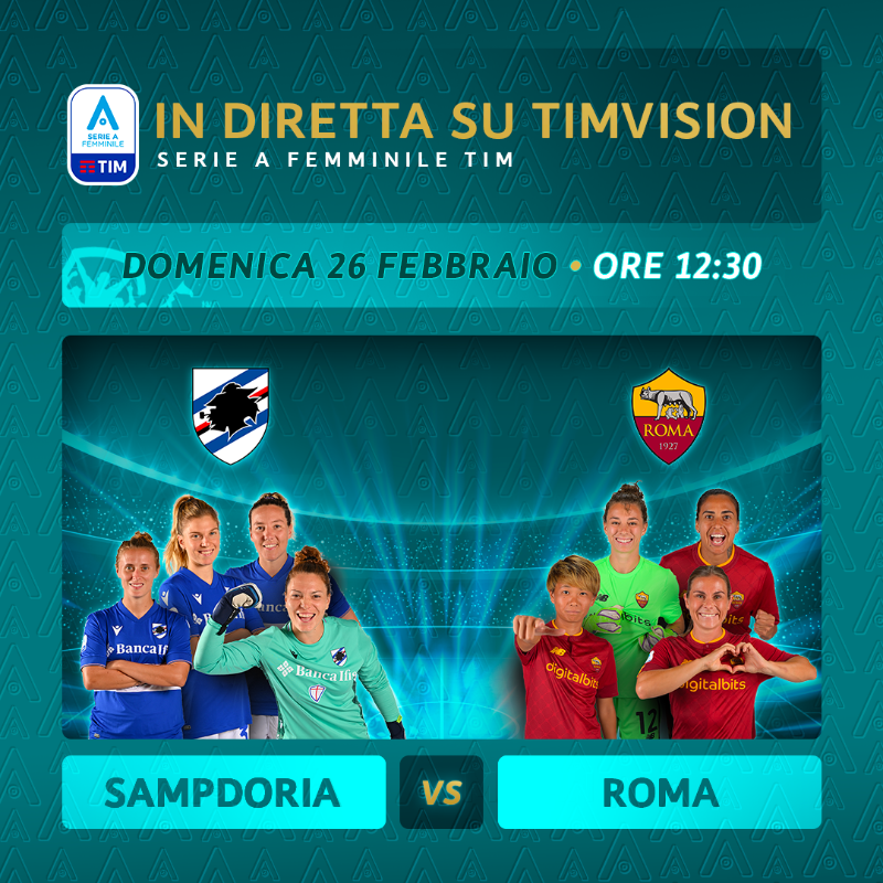 TIM_Official's tweet photo. Tutto pronto per #SampdoriaRoma! 🔥 Le #Blucerchiate in crisi di risultati ospitano le #Giallorosse in grandissima forma. Chi la spunterà? ⚡⚽ La 18ª giornata, ultimo turno prima della fase finale di #SerieAFemminile TIM, ti aspetta su #TIMVISION! @FIGCfemminile