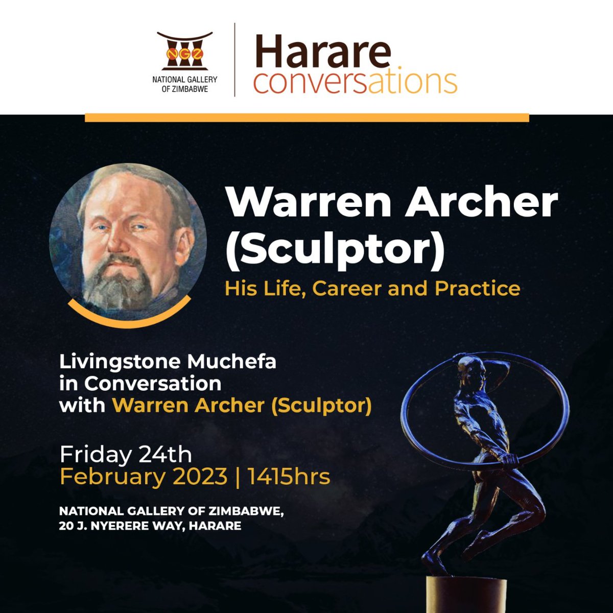 NatGalleryZimb's tweet photo. Join us for another conversation with Warren Archer, happening this Friday, 24 February 2023.
#dontmissoutonthis
#harareconversations
#warrenarcher https://t.co/zSi1P2driV