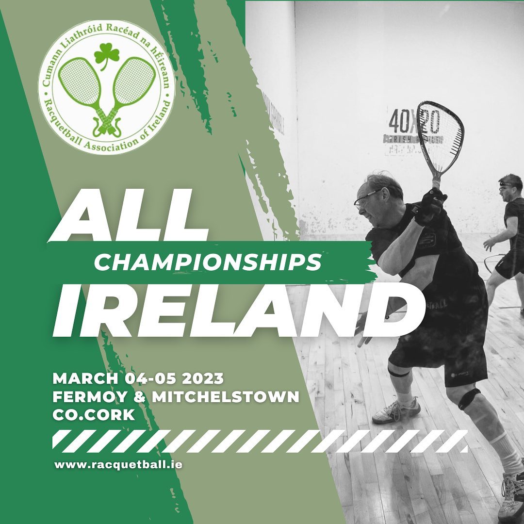 2023 ALL IRELAND CHAMPIONSHIPS

📆Saturday 4th; Sunday 5th March 
📍Fermoy &amp; Mitchelstown, Co Cork.
🚨Closing Date for Entries - Sunday 26th February

ENTER NOW: racquetball.ie/allirelands

#racquetball #RacquetballIreland #Allrelands
Reposted from @racquetballireland