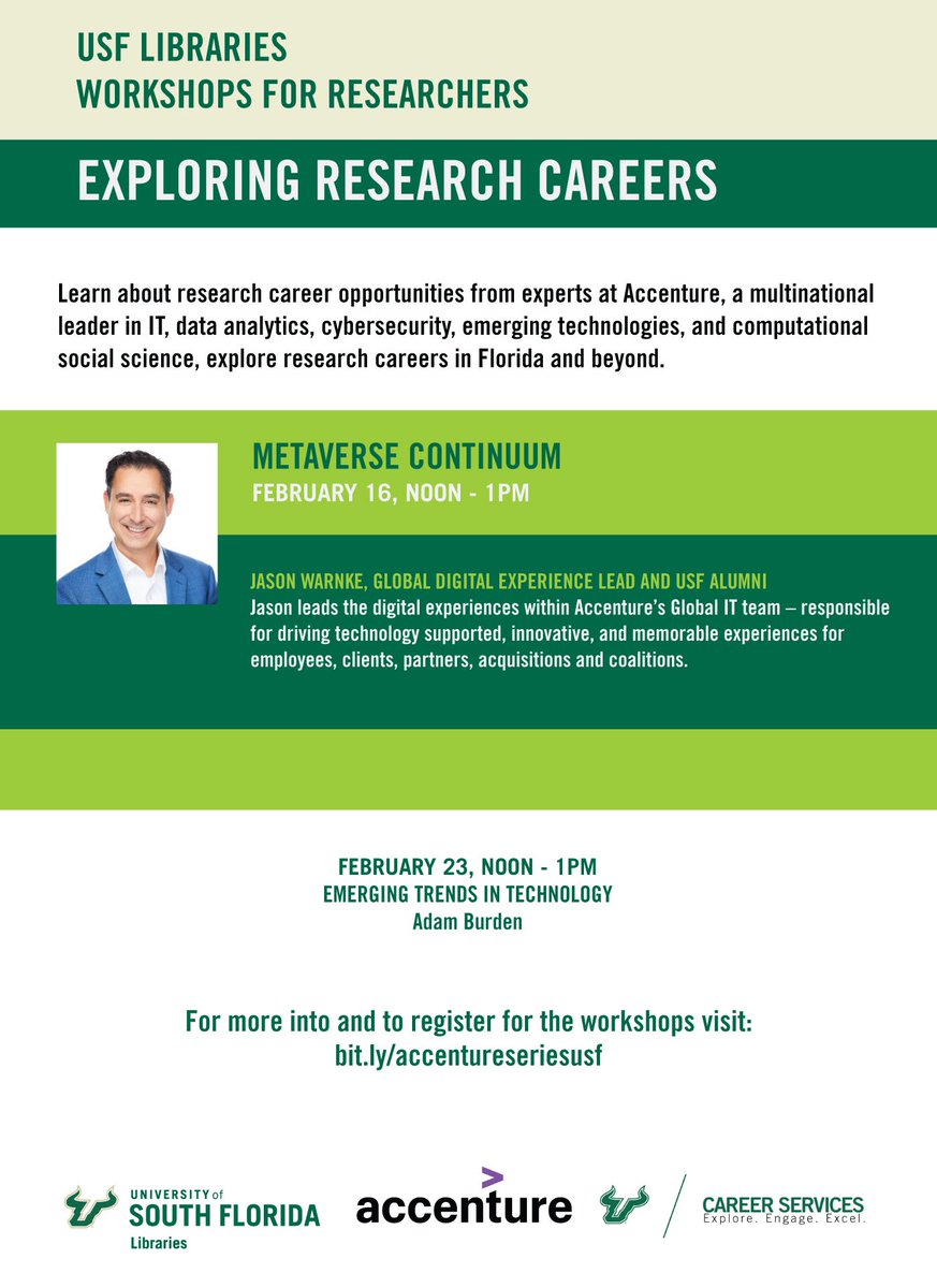 USF Libraries (@usflibraries) on Twitter photo Our workshop series exploring research careers with <a href="/Accenture_US/">Accenture US</a> continues today at noon with Metaverse Continuum. Join us today! Link in bio under LIB LINKS > Workshops for Researchers Our workshop series exploring research careers with <a href="/Accenture_US/">Accenture US</a> continues today at noon with Metaverse Continuum. Join us today! Link in bio under LIB LINKS > Workshops for Researchers