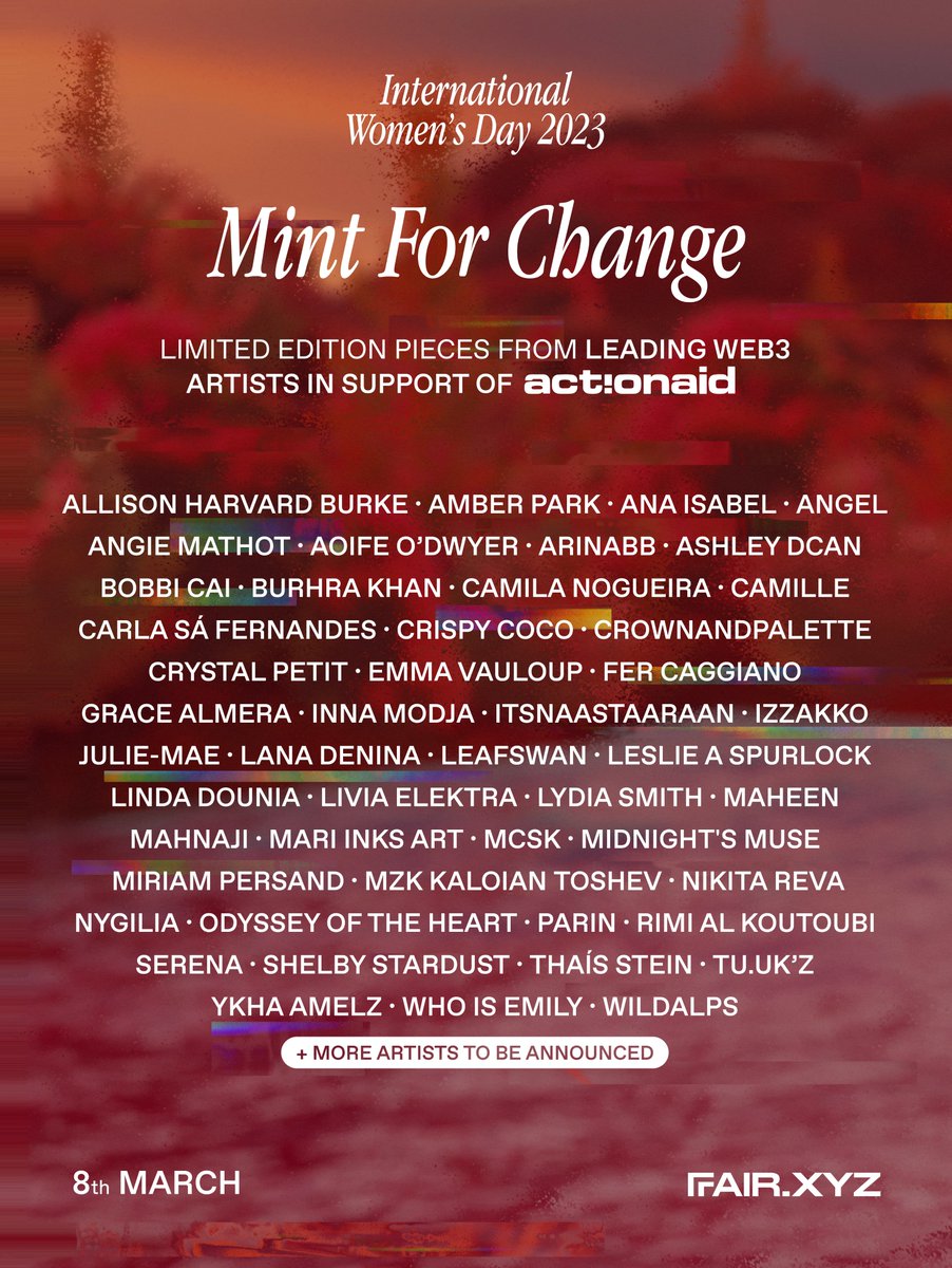 // MINT FOR CHANGE // 7-8 MARCH

We’re excited to reveal our lineup for our International Women’s Day drop!

As a big thank you for all your support, we’re giving you a chance at AL spots. 

Simply comment your wallet address below (no ENS)