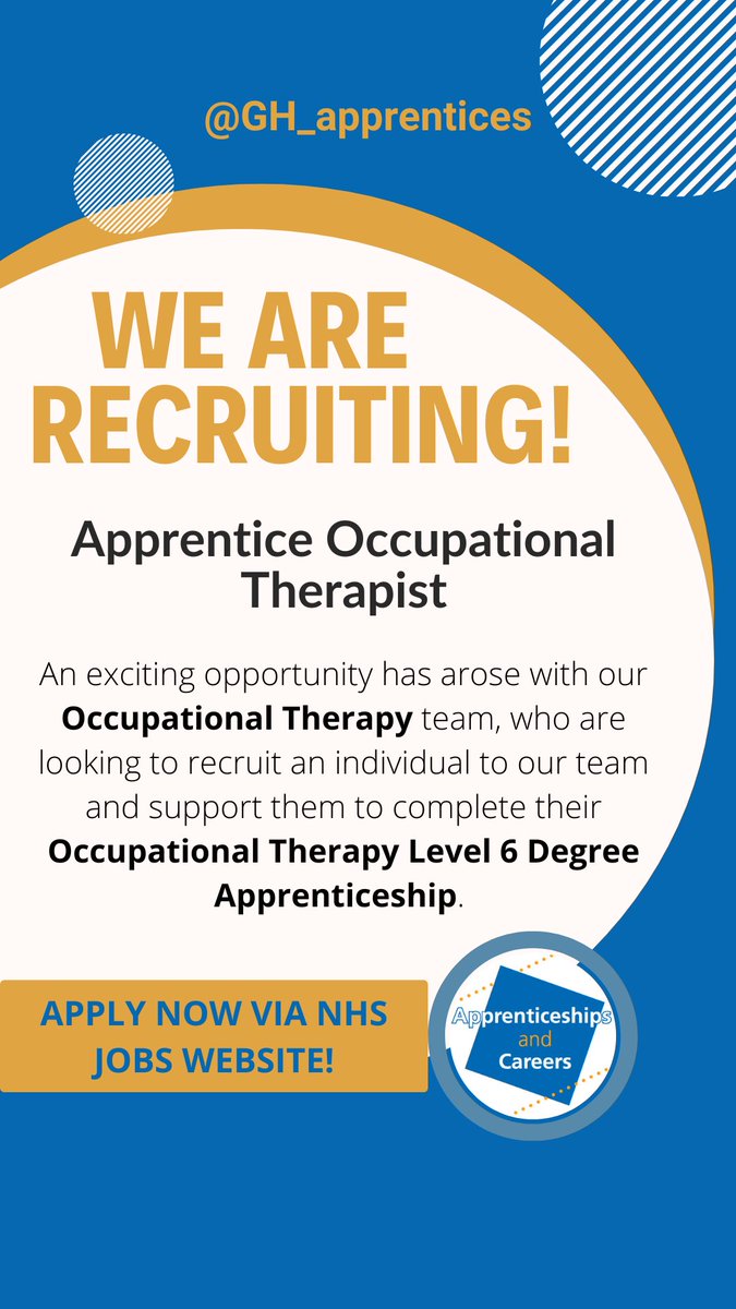 Now live!

Our Apprentice Occupational Therapist #vacancy at <a href="/gloshospitals/">Gloucestershire Hospitals NHS Foundation Trust</a> is available to apply for on <a href="/NHS_Jobs/">NHS Jobs</a> until 12th March.

Please see link below to apply: beta.jobs.nhs.uk/candidate/joba… 

#reminder #JOBALERT #opportunity #NHSJobs
