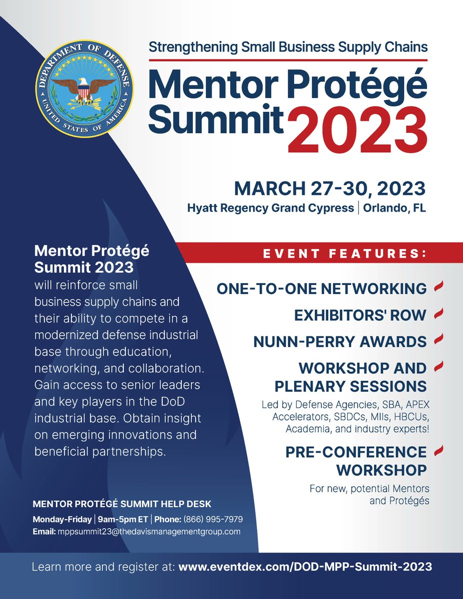 We hope you can join us next month for the Mentor Protege Summit beginning on March 27, 2023 in Orlanda Florida! This event includes one-to-one networking, workshops, pre-conference workshop, and more! For more information on how to register, visit buff.ly/3WfDVhf 
#ncma