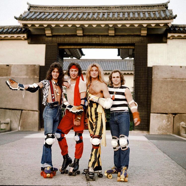 Van Halen posing with roller skates in the Osaka Castle Park, Japan, 1979. Photo by Getty Images