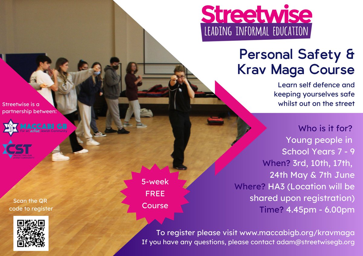 FREE KRAV MAGA COURSE We will be running a 5-session Personal Safety and Krav Maga course with our brilliant instructor Einav. To sign up for this FREE course please see the details on our flyer below. For more information please contact adam@streetwisegb.org