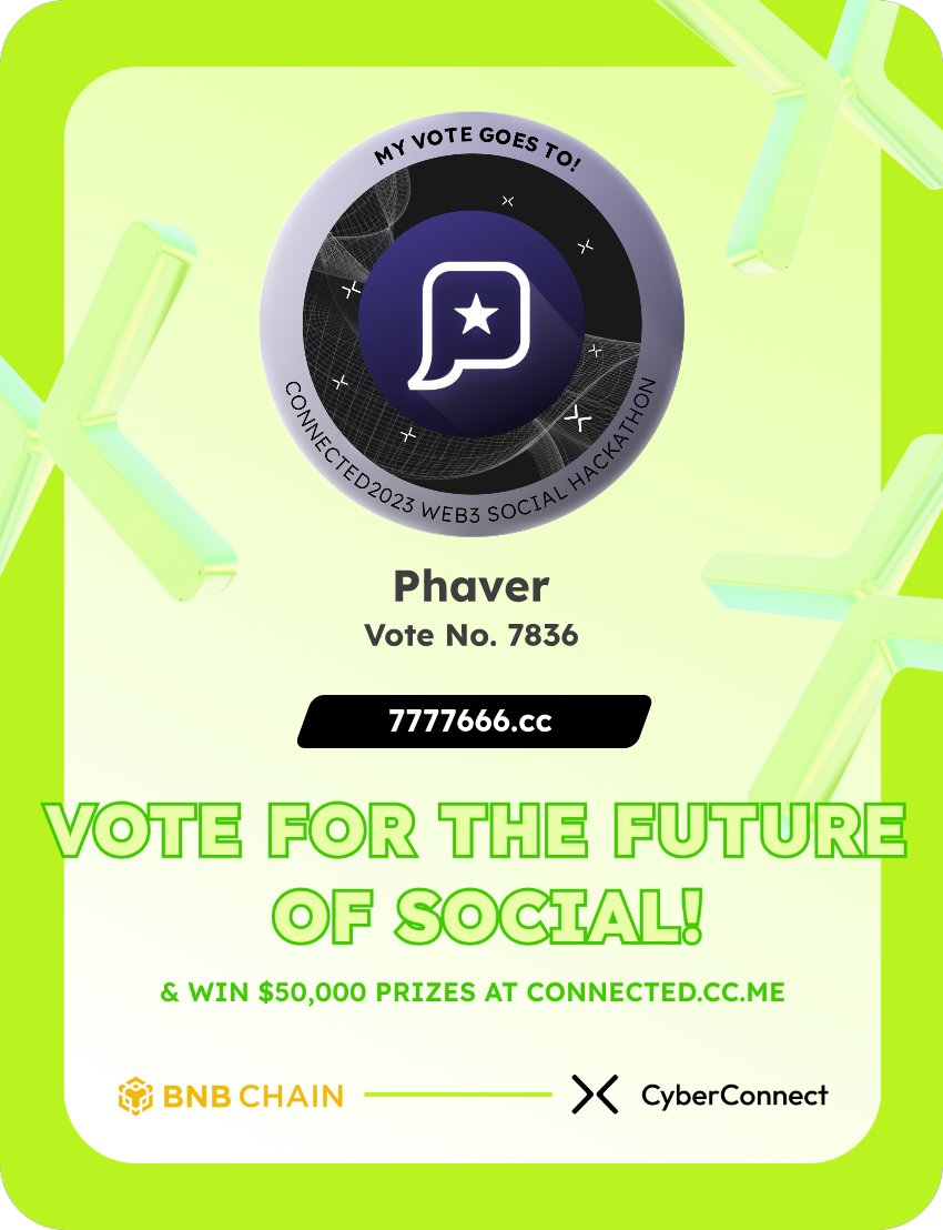 Just voted for my favorite project Phaver in #Connected2023, a Web3 Social hackathon by <a href="/CyberConnectHQ/">(Deprecated) CyberConnect</a> the social graph protocol &amp; <a href="/BNBCHAIN/">BNB Chain</a>
Join me to vote for a better social and win $50,000-$100,000 prizes!
connected.cc.me
sig:7v5fgm 
  x.com/CyberConnectHQ…