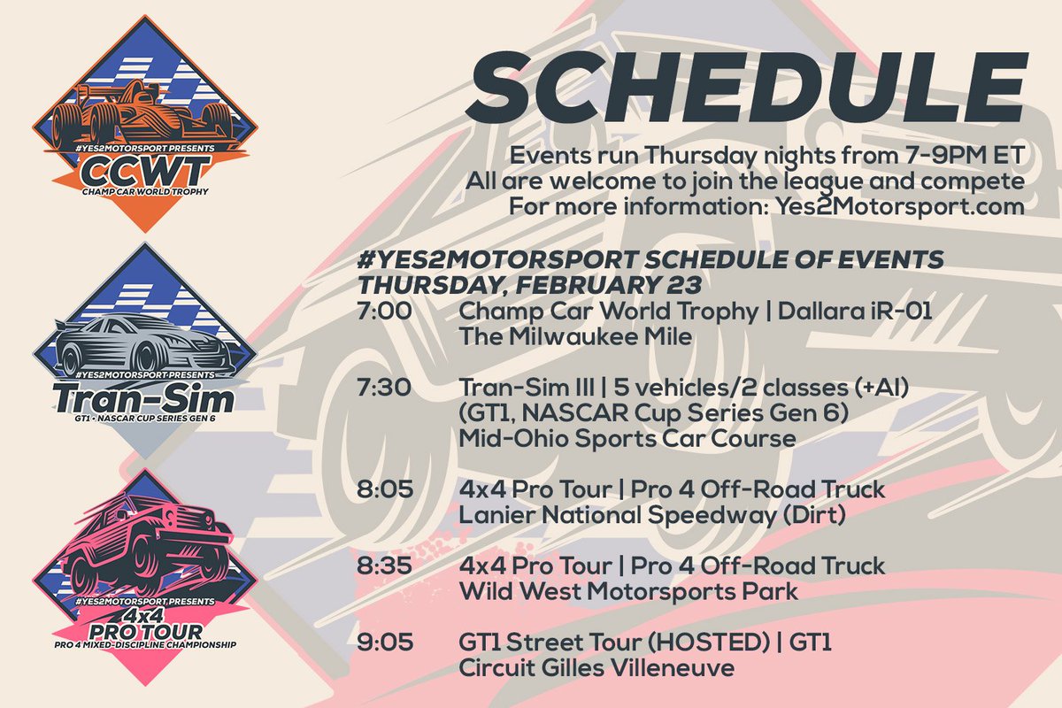 yes2motorsport's tweet photo. Should be a Y2M classic tonight starting at 7PM ET. iR-01s at Milwaukee is as close to CART as it gets, #TranSim does the thing at Mid-Ohio, trucks be truckin', GT1s on street courses be street coursin'. That last one's in hosted by the way. I checked. https://t.co/cZmLUO1QJA