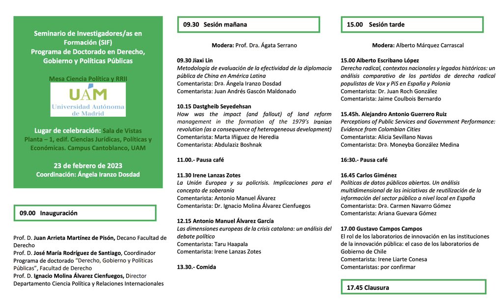 Celebramos hoy la edición de invierno del Seminario de Investigadores/as en Formación del programa de doctorado @IPP_CSIC @derecho_uam para tesis de ciencia política y relaciones internacionales. Una vez más, presentando y discutiendo colectivamente progresos de los doctorandos.