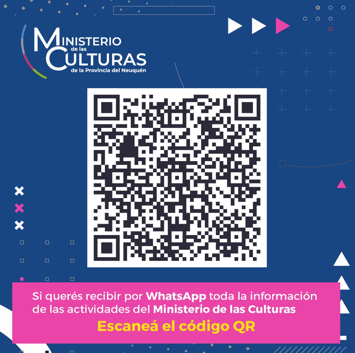 culturaprov_nqn's tweet photo. 📣 ¡𝗥𝗲𝗰𝗼𝗿𝗱á 𝗾𝘂𝗲 𝗽𝗼𝗱é𝘀 𝗿𝗲𝗰𝗶𝗯𝗶𝗿 𝘁𝗼𝗱𝗮𝘀 𝗹𝗮𝘀 𝗻𝗼𝘃𝗲𝗱𝗮𝗱𝗲𝘀 𝗱𝗲𝗹 𝗠𝗶𝗻𝗶𝘀𝘁𝗲𝗿𝗶𝗼 𝗱𝗲 𝗹𝗮𝘀 𝗖𝘂𝗹𝘁𝘂𝗿𝗮𝘀 𝗲𝗻 𝘁𝘂 𝗪𝗵𝗮𝘁𝘀𝗔𝗽𝗽! https://t.co/kZq2CHFwkW