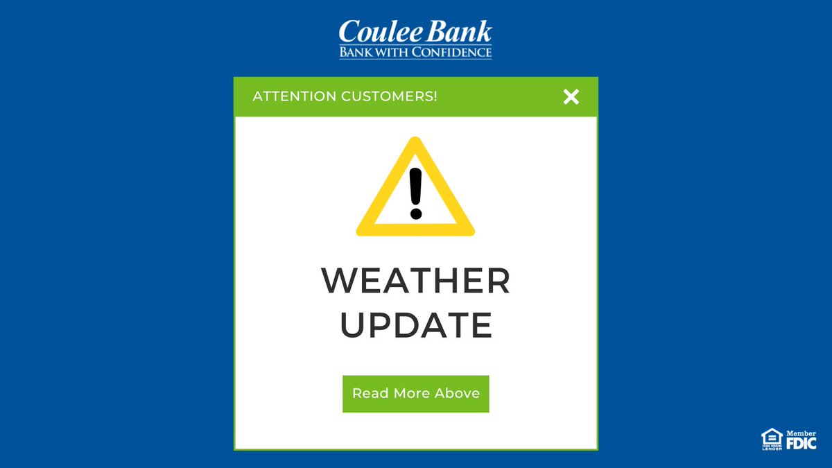 CouleeBank's tweet photo. Due to inclement weather, Coulee Bank branches will be operating as drive-thru only today, February 23rd, with the exception of our Rochester branch, which is fully open.

Please visit https://t.co/6AmuHtWJ7l to access online banking. We apologize for the inconvenience! https://t.co/upej7eJaOV