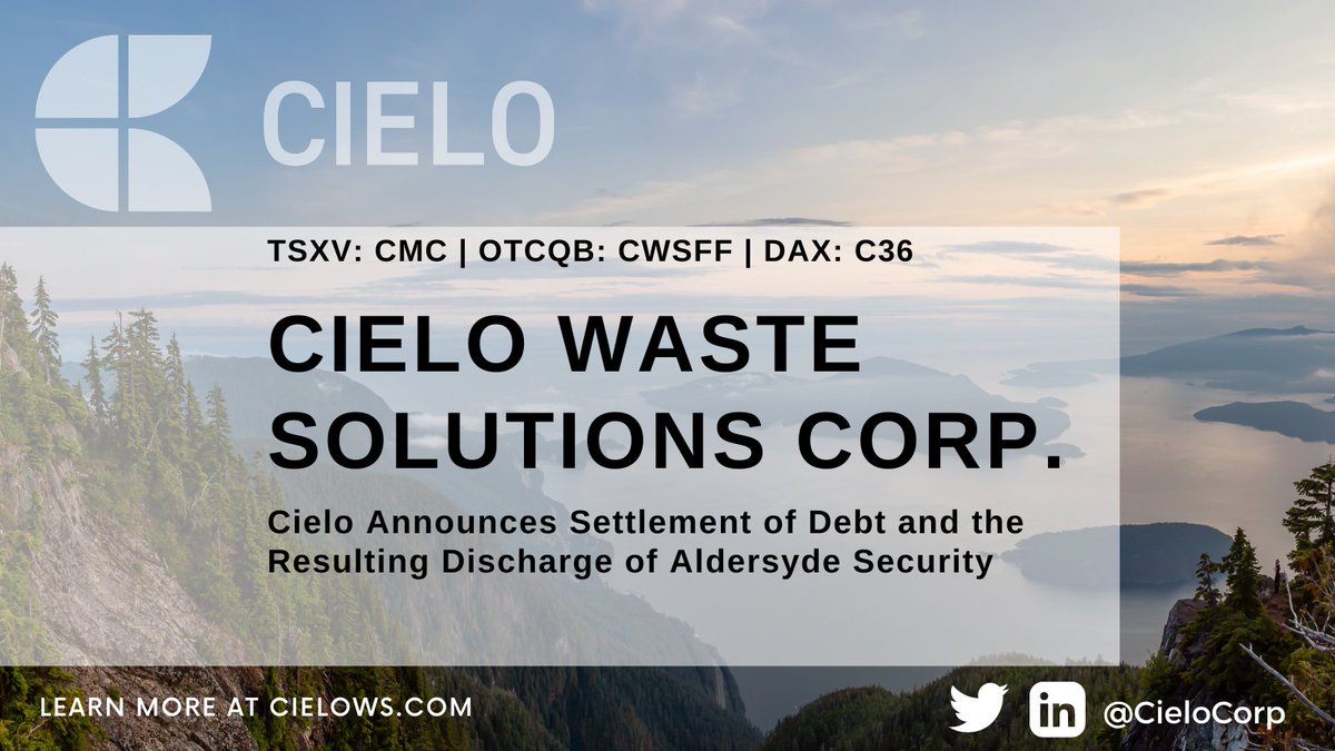 Cielo Announces Settlement of Debt and the Resulting Discharge of Aldersyde Security

Read full news release here: cielows.com/corporate-upda…

#energy #wastetofuel #EnergyTransition #investing