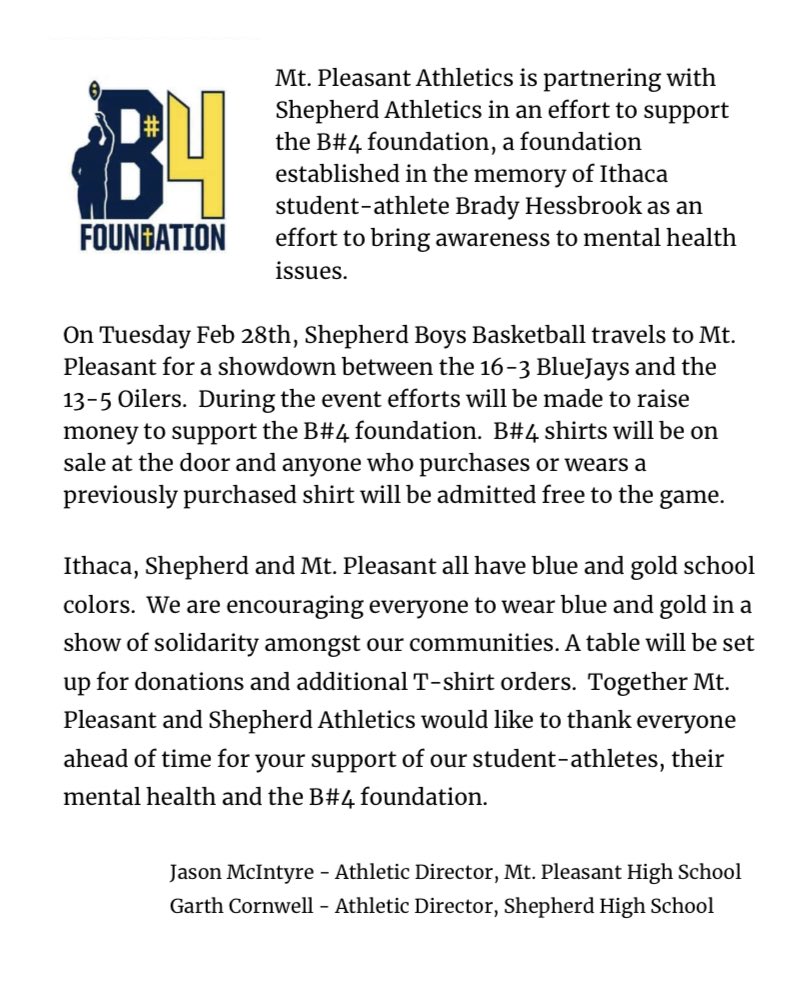 MtpOilers's tweet image. Mark your calendars for Tuesday, February 28th. We are excited to partner with Shepherd Athletics to support the Ithaca community and the B#4 Foundation! We know the Oiler Community will show up in support Tuesday! Read attachment for details!!