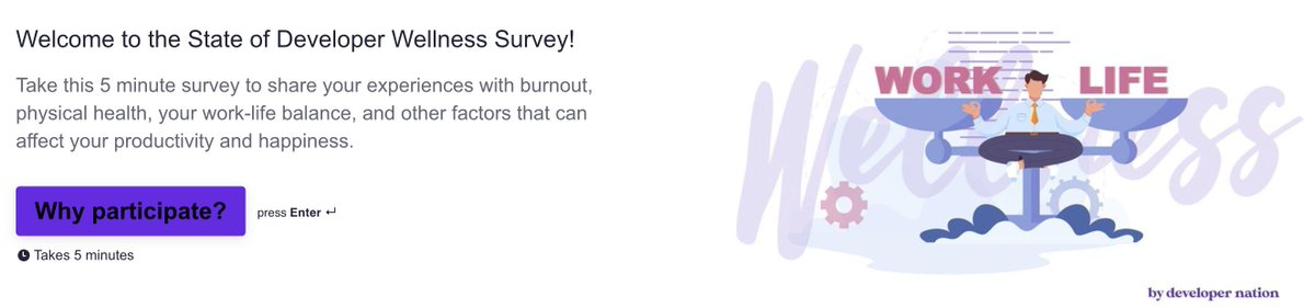 devnationworld's tweet photo. As a developer, what makes you happy at workplace? Answer it in our new short #developerwellness survey and support back the community :
https://t.co/KpLLHq8rc4 https://t.co/pnY07Zb1bQ