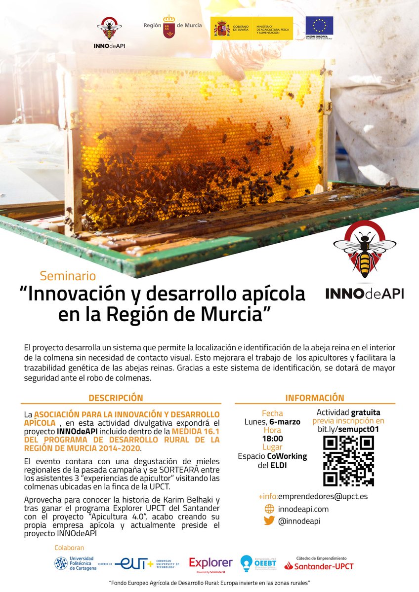 innodeapi's tweet photo. SEMINARIO del proyecto @innodeapi en el espacio de emprendimiento del ELDI de la @UPCTnoticias 

Conoce el proyecto, prueba 3🍯 mieles locales y consigue una de las 3 visitas a las colmenas del proyecto 🐝

➡️Inscríbete en https://t.co/mWkP2plmOf
📅Lunes, 6 de marzo
⏰18:00 https://t.co/ITYoWPNYqP
