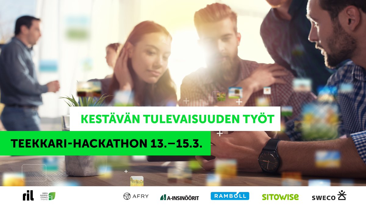 Opiskelija, tule mukaan 13.3. & 15.3.2023 Teekkari-Hackathoniin - Kestävän tulevaisuuden työt! Yhteistyössä: @RIL, @FiGBC_ , @AFRYSuomi, @AInsinoorit , @ramboll_fi, @SwecoFinland ja @sitowisegroup Lisätietoa ja ilmoittautuminen 5.3. mennessä: bit.ly/3ljt6xz!