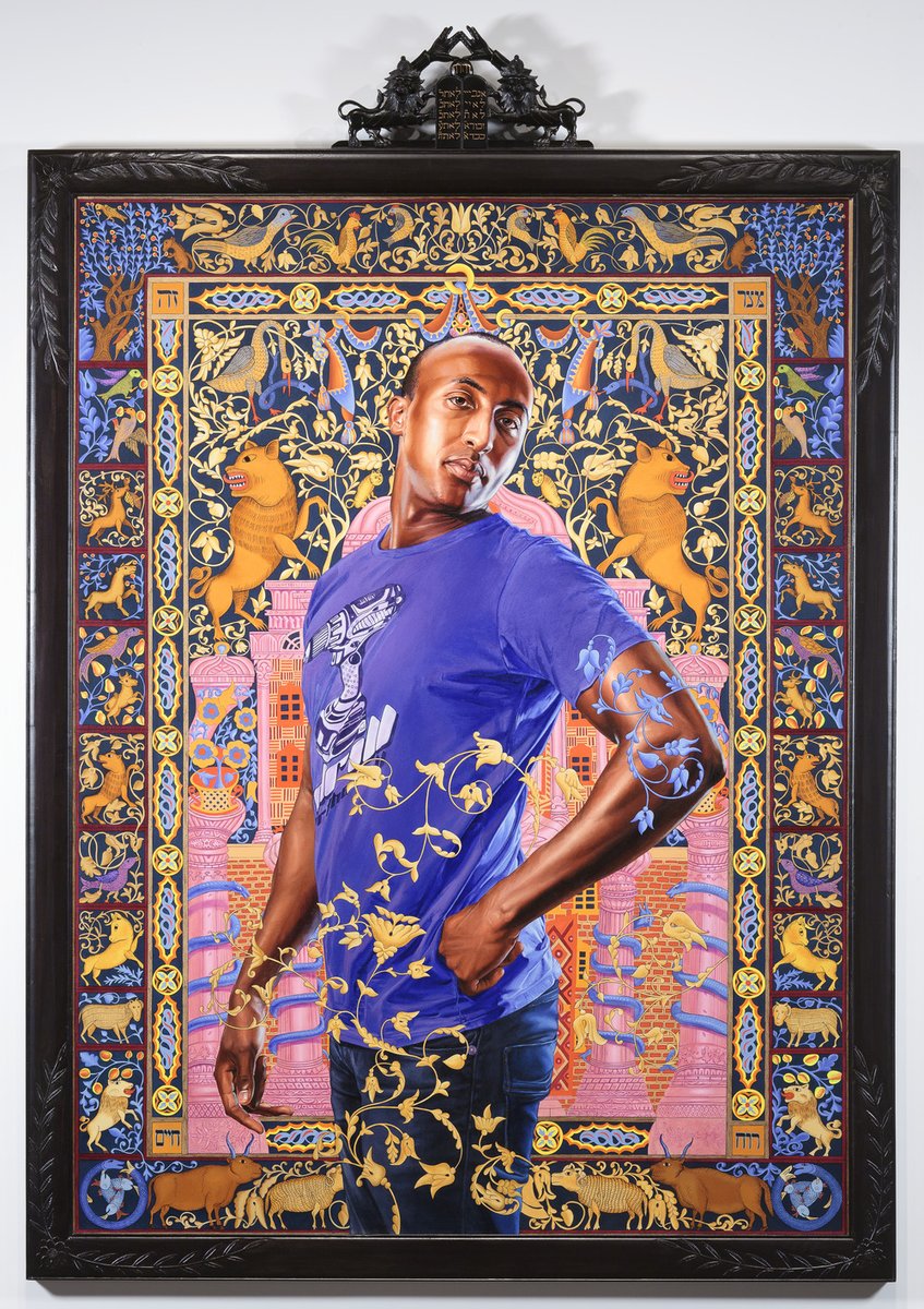 TheJewishMuseum's tweet photo. Explore the mizrah by Israel Dov Rosenbaum that inspired @kehindewileyart, and the intersectional family story behind it, as told by Rosenbaum’s great-great-granddaughter @amyshimshon: https://t.co/ptyrOtxvk2 #BlackHistoryMonth #JewsofColor #BlackandJewish #JewishMuseumCollection https://t.co/1H4h4aXBwu