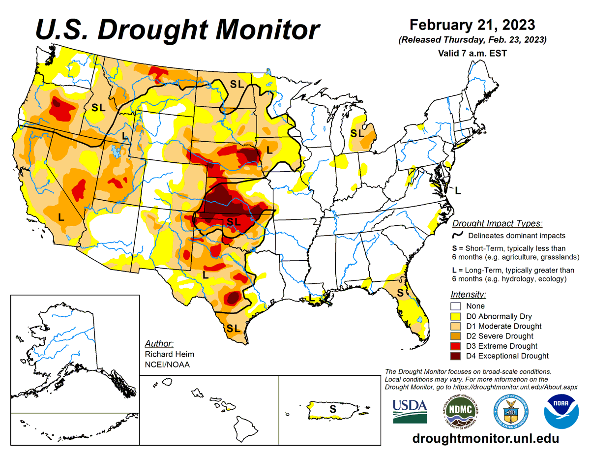 NOAADrought's tweet photo. #DroughtMonitor 2/21: Mostly status quo. The current extreme weather will impact next week’s map.

That said, the Upper Midwest, Plains, and a few other spots saw improvements. S TX and FL continue to worsen.

#Drought2023's Footprint: 34.7% of USA

https://t.co/HtSRAT6mRz @NOAA https://t.co/sc4aotlfle