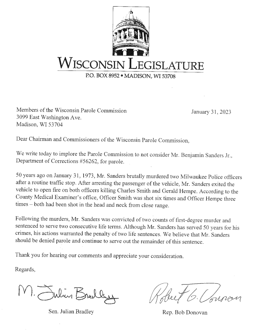 The parole commission should not put one more dangerous killer on our streets. Especially a cop-killer. <a href="/RepDonovan/">Rep. Bob Donovan</a> and I are urging the parole commission to keep the man who killed Milwaukee Police Officers Charles Smith and Gerald Hempe in prison.