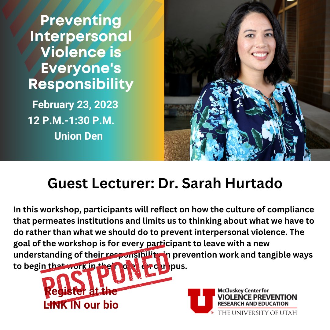 UofUCVP's tweet photo. REMINDER: The two workshops scheduled for today with Professor Sarah Hurtado have been canceled. We plan to reschedule them for the fall and hope you’ll join us then! https://t.co/ee3Ew0Btut