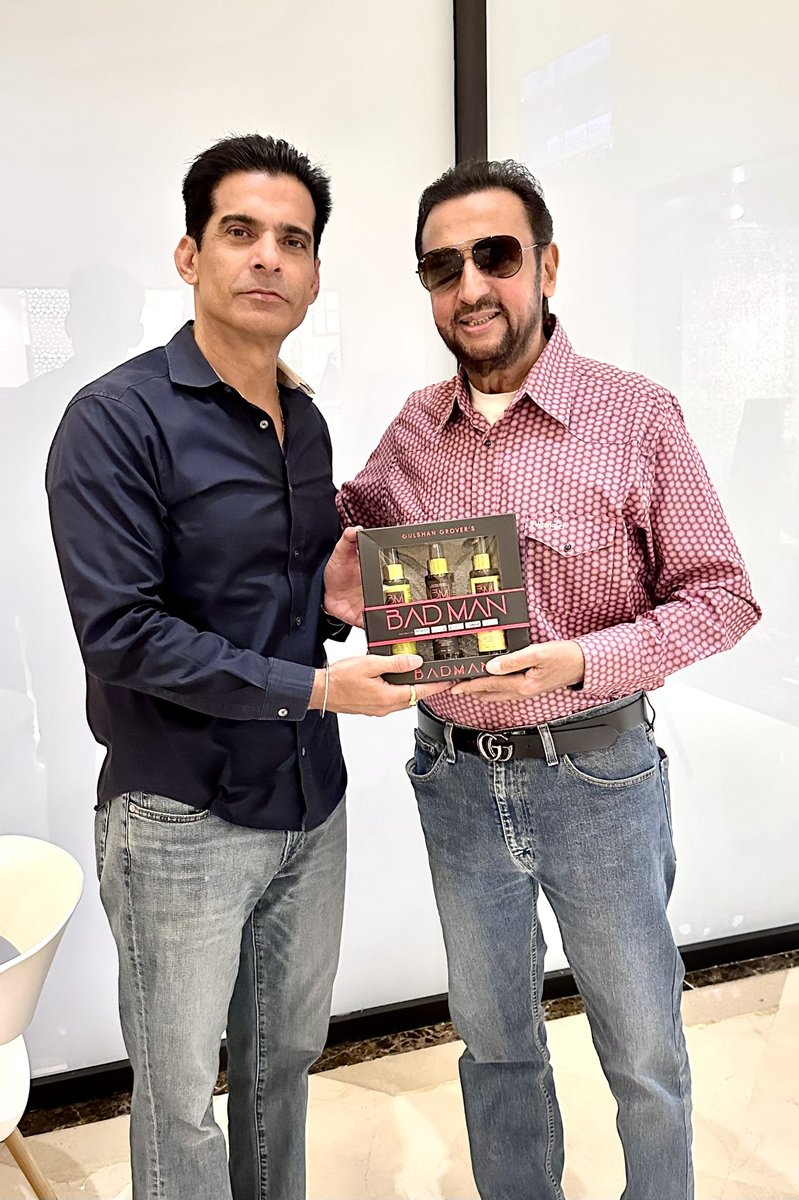 Rajenderpahl's tweet image. It’s always a pleasure to be received with the unparalleled love and affection of @GulshanGroverGG paaji. Thank you Gulshan paaji for such a lovely and memorable time and experience, and thank you so much for gifting me with these aromatic scents from your new brand “Bad Man”.