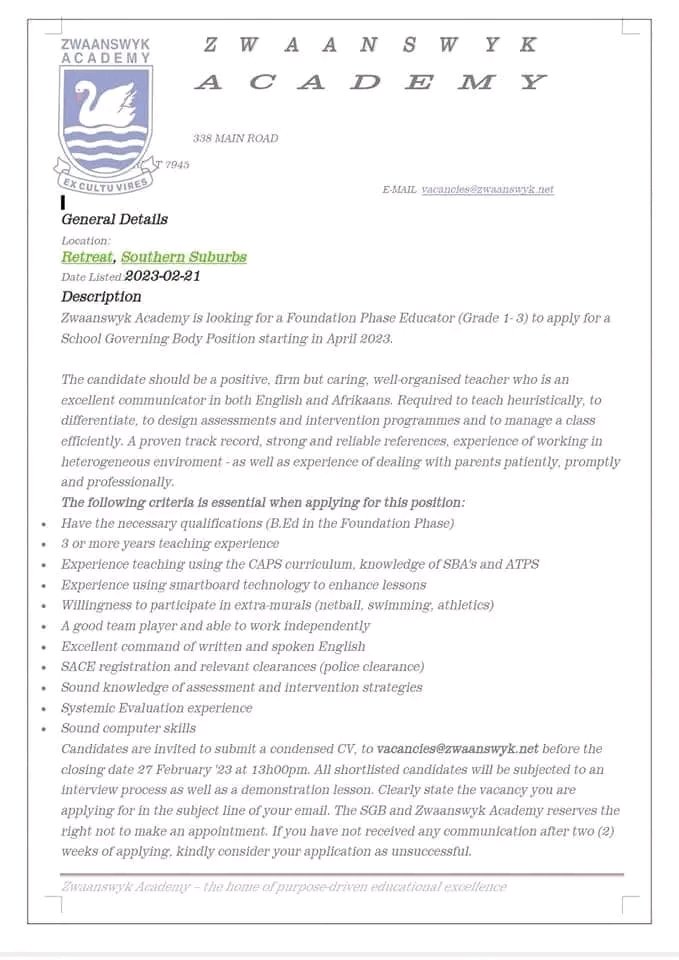 CarolBoitumelo1's tweet photo. π Zwaanswyk Academy is looking for a Foundation Phase Educator (Grade 1-3) Teacher to apply for a SGB post starting in April 2023.
#WorkOpportunities
#HireGraduate https://t.co/JGPfjPnsvB