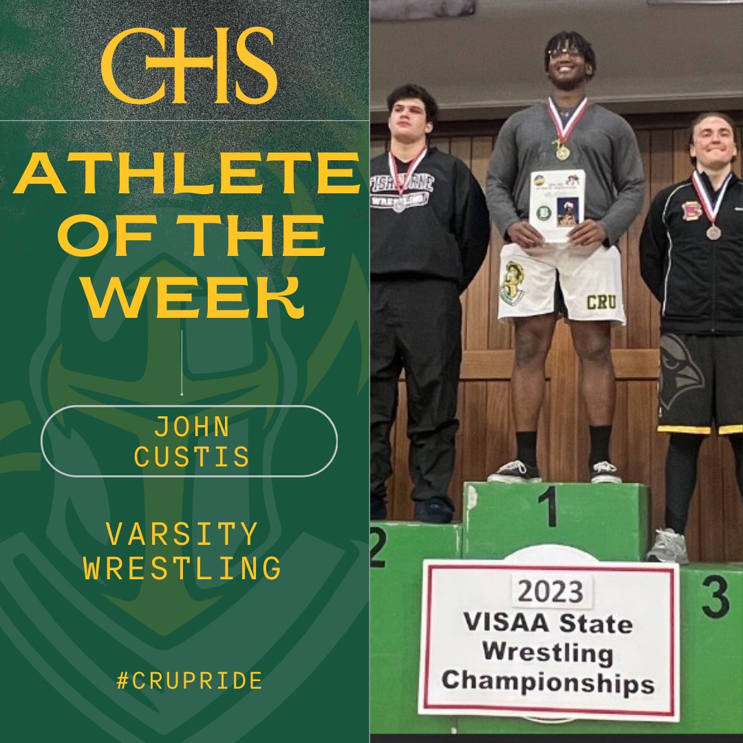 Congratulations to our Athletes of the Week for February 20 to 24, State Champions Natalie Hubbard and John Custis! John is the VISAA State Champion in Heavyweight Wrestling and received 2nd Place in the TCIS Boys Shot Put (40ft 4.5in). 1/2 #CRUpride