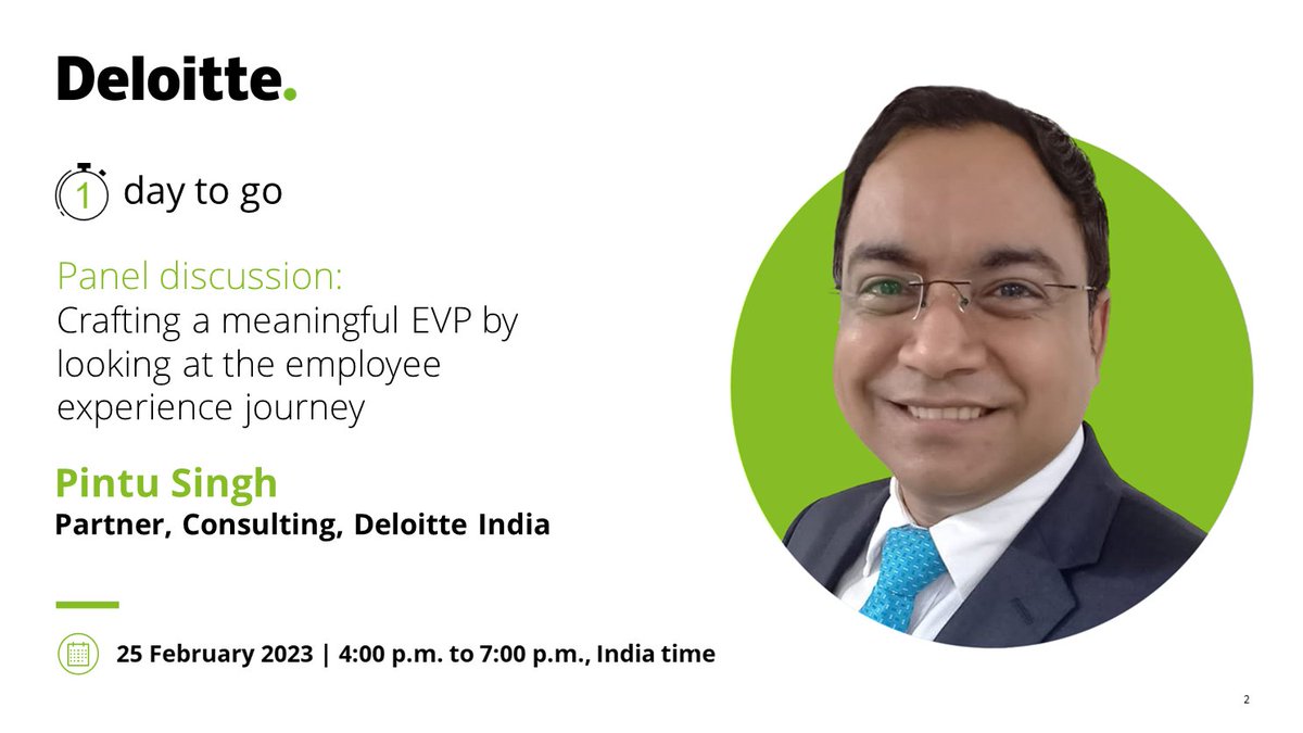 Join Pintu Singh, Partner, Consulting, Deloitte India, at the panel discussion on "Crafting a meaningful EVP by looking at the employee experience journey," organised by NHRD.

Last chance to register: deloi.tt/3xJN9rX

#EmployeeExperience #EVP #Talent