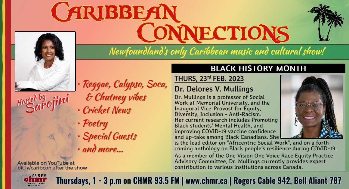 chmrmunradio's tweet photo. Coming up TODAY on Caribbean Connections...Join @Sarojinidble07 in conversation with Dr. Delores Mullings, Vice Provost Equity, Diversity and Inclusion @MemorialU &amp; prof @MUNScwk. Today live on air @ 1pm NST, 11:30am EST. 93.5 FM or online everywhere at https://t.co/qYmWDvggKc ! https://t.co/Spq5NZthVH