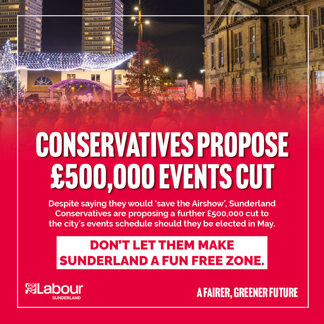 SunderlandLab's tweet photo. Conservatives vote to cut events budget by ยฃ500,000! ๐ช๐
Despite repeated calls for more events, Sunderland Conservatives last week u-turned on their promise to residents by voting to cut the cityโs events budget.
Only #LabourWorks for a more vibrant, prosperous Sunderland ๐น https://t.co/0geNZrWGZn
