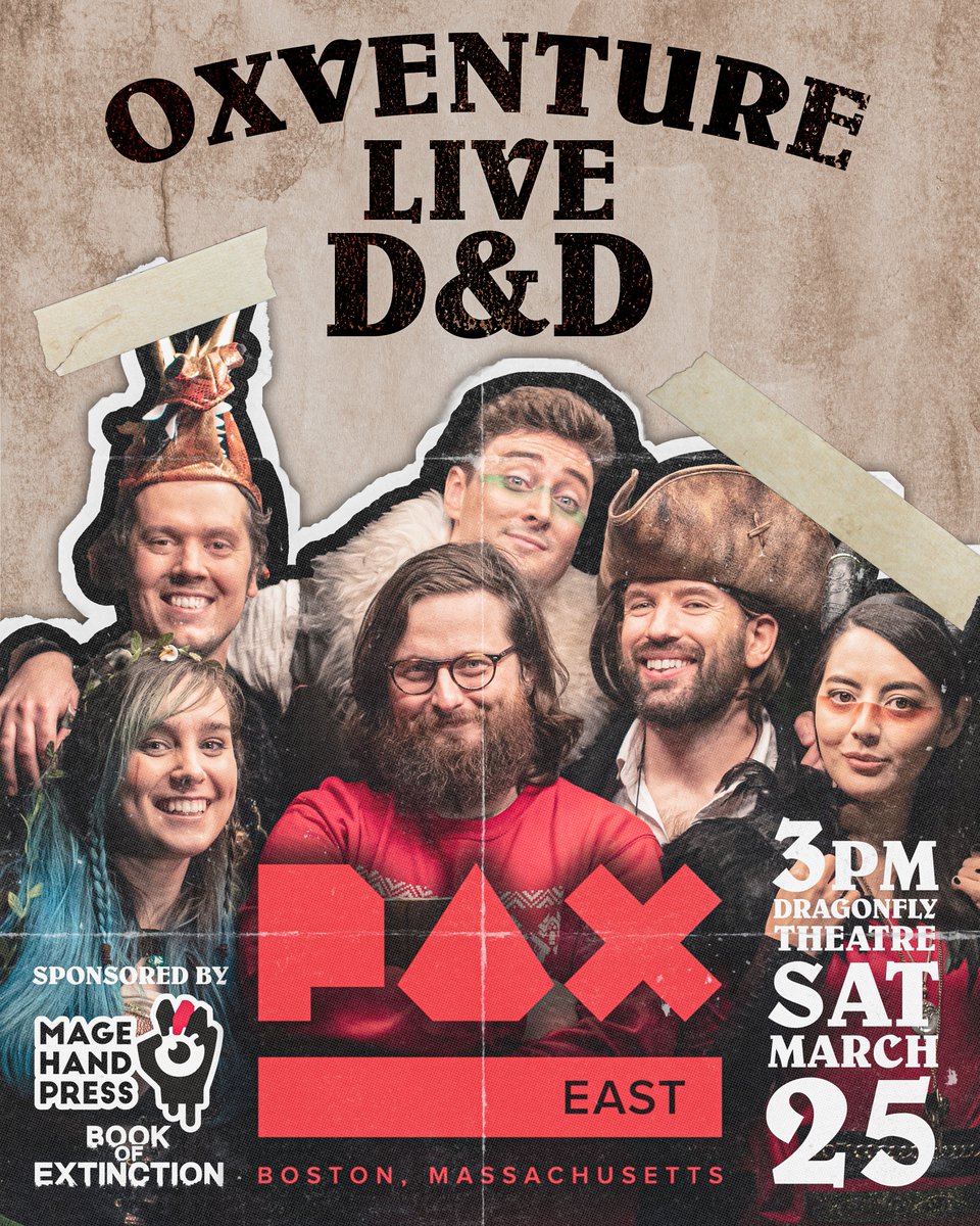 pax's tweet photo. The @Oxventure crew returns with their first live show at #PAXEast since 2019! Join them on an epic adventure as they play D&amp;D in the Dragonfly Theatre on 3/25. Learn more at https://t.co/G5fxr9oyWL. https://t.co/wq7YskORHz