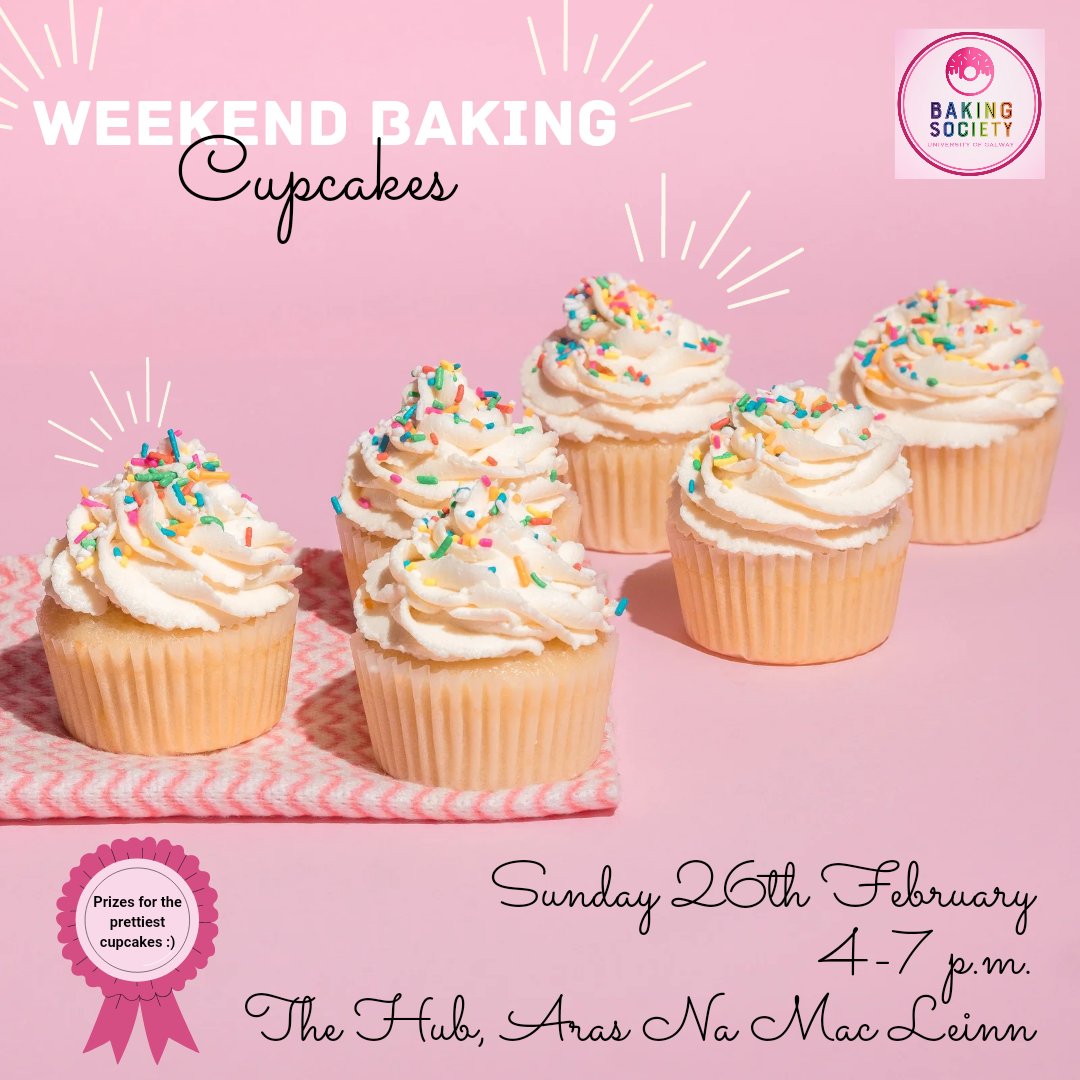 The Hub Well Crew (@uniofgalwayhub) on Twitter photo Join <a href="/bakingsocietyug/">NUIG Baking Society</a> this Sunday (26th Feb) 4-7 p.m. where you'll be making cupcakes!
Ingredients will be provided!
Baking will occur in hourly slots.Places are limited so sign up here :
forms.gle/g67Nto8sT9jZrq…. Join <a href="/bakingsocietyug/">NUIG Baking Society</a> this Sunday (26th Feb) 4-7 p.m. where you'll be making cupcakes!
Ingredients will be provided!
Baking will occur in hourly slots.Places are limited so sign up here :
forms.gle/g67Nto8sT9jZrq….