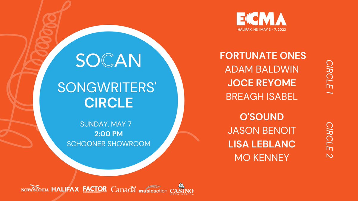 Introducing your artists for the <a href="/SOCANmusic/">SOCAN</a> Songwriters’ Circle! 

🗓️Sunday, May 7 
🏢<a href="/CasinoNSHalifax/">Casino Nova Scotia</a>
🎤 Hosts Fortunate Ones &amp; O’Sound, ft. artists Adam Baldwin, Joce Reyome, Breagh Isabel, Jason Benoit, Lisa LeBlanc &amp; Mo Kenney

🎟️Tickets &gt;&gt; tproatlantic.ticketpro.ca/en/pages/ECMA2…