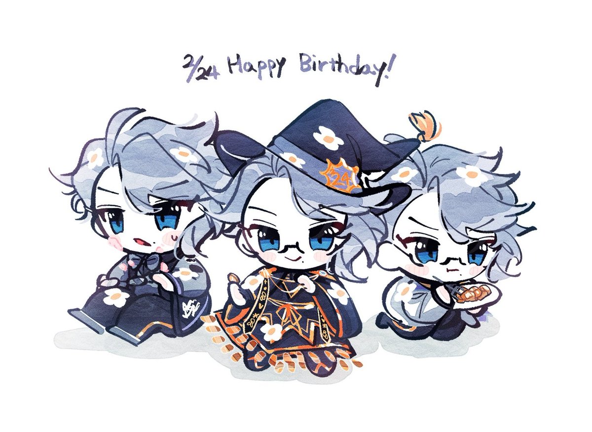 blue eyes hat glasses chibi male focus food 3boys  illustration images