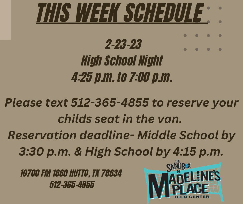 Tonight is High School Night. Be sure to text 512-365-4855 if you will need a ride from the school. You are also welcome to be dropped off. See you tonight.