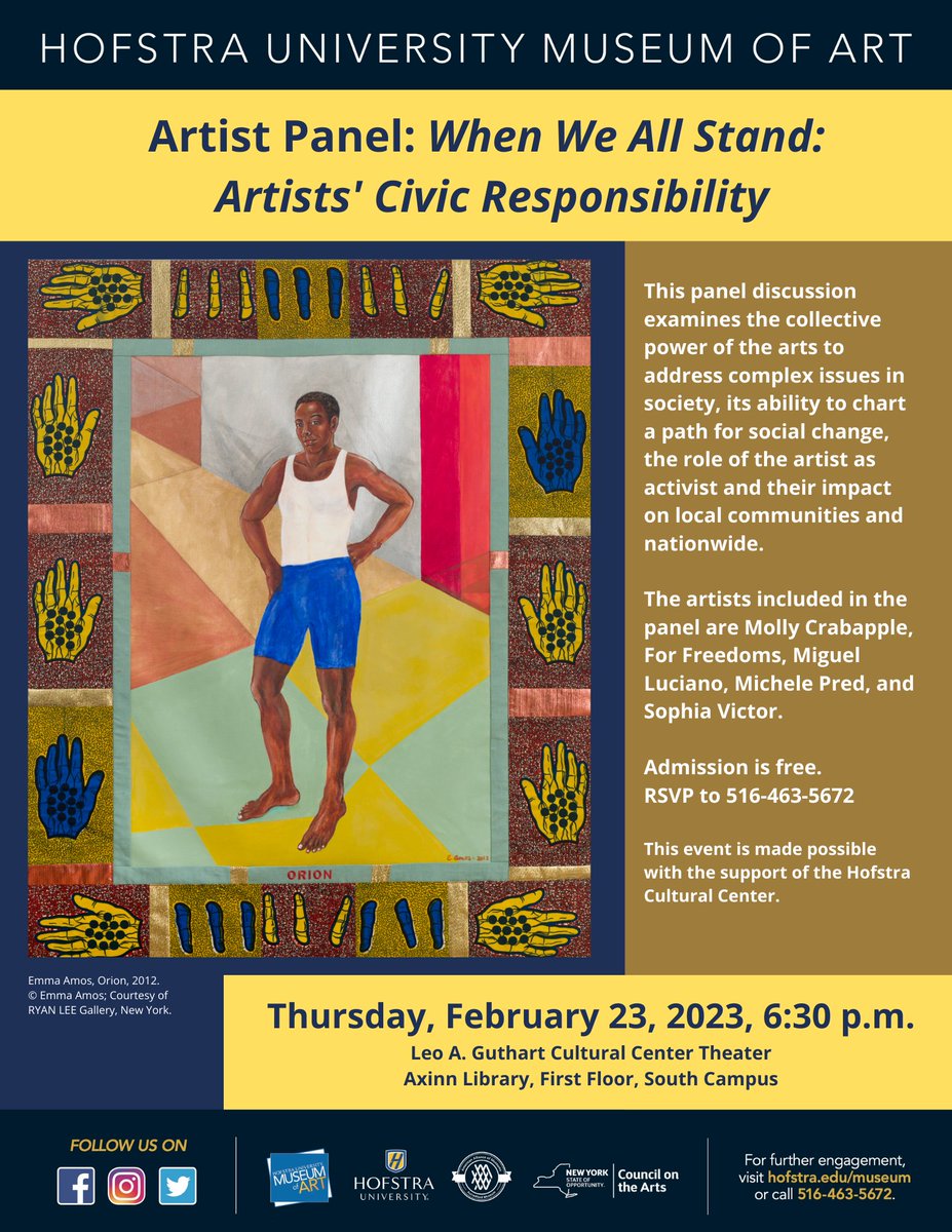 Join us for the artist panel discussion TONIGHT at 6:30pm! 
#ArtsatHofstra
#hofstraumuseumofart 
#artsactivism