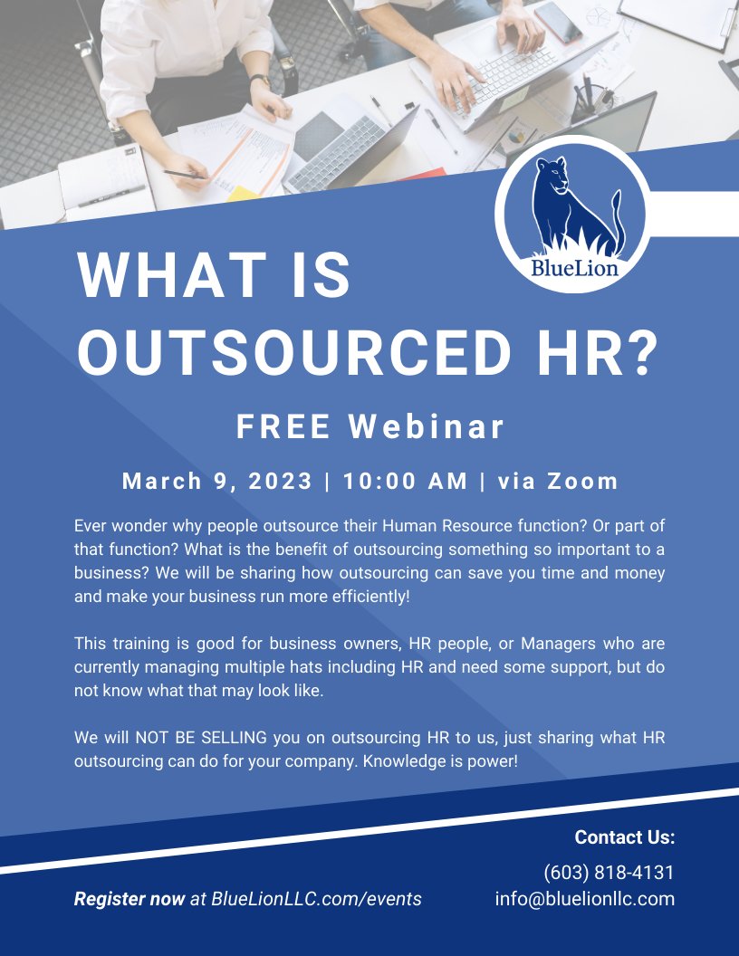 Check out our upcoming webinar! Register now: us02web.zoom.us/webinar/regist…

#outsourcedhr #outsourcing #managers #training #webinar #free #freetraining #freewebinar #event #hrtraining #humanresourcestraining #bluelion #bluelionllc #bluelionhr #hr #humanresources #hrconsulting